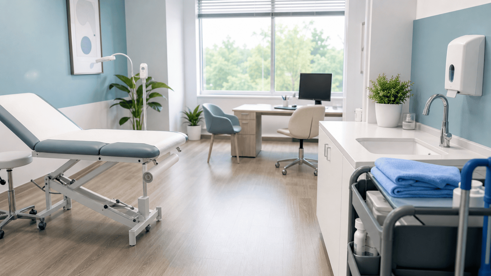 Cabinet médical propre et lumineux préparé pour les consultations