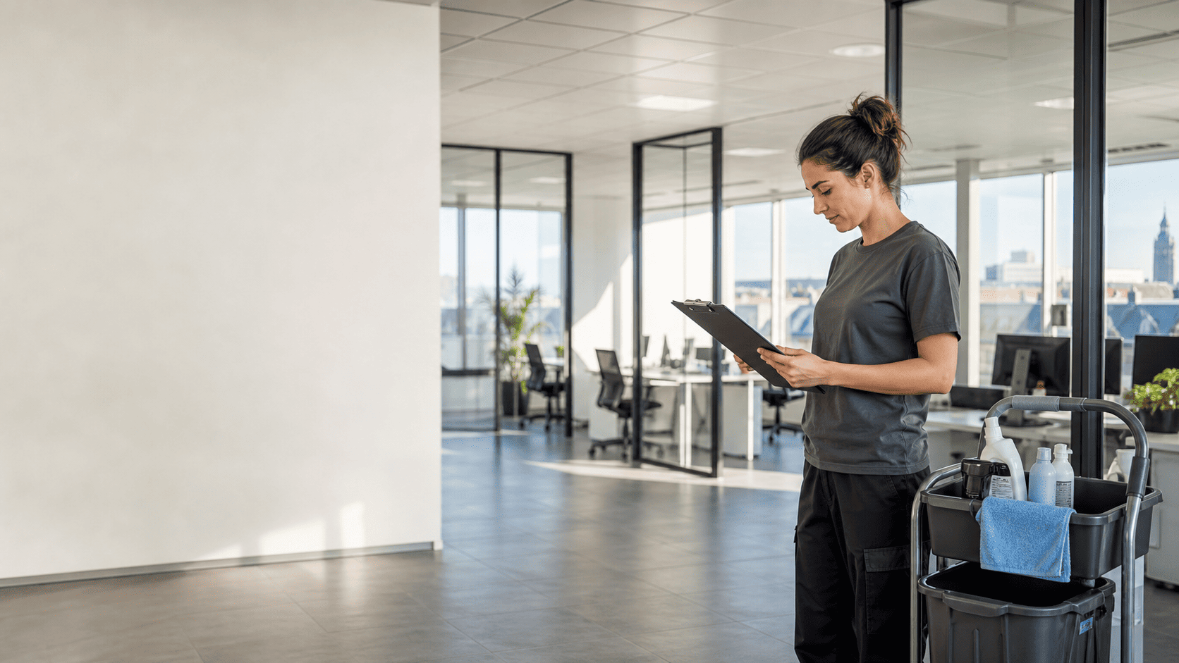 Technicienne de nettoyage professionnel contrôlant une checklist dans un bureau moderne à Lille