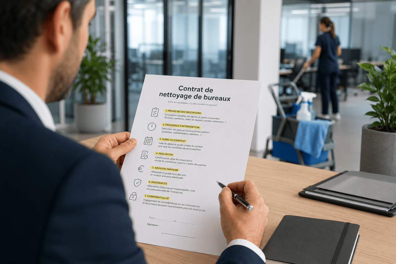 Vue de dessus d'un contrat de nettoyage avec checklist, badge d'accès, gants et microfibre