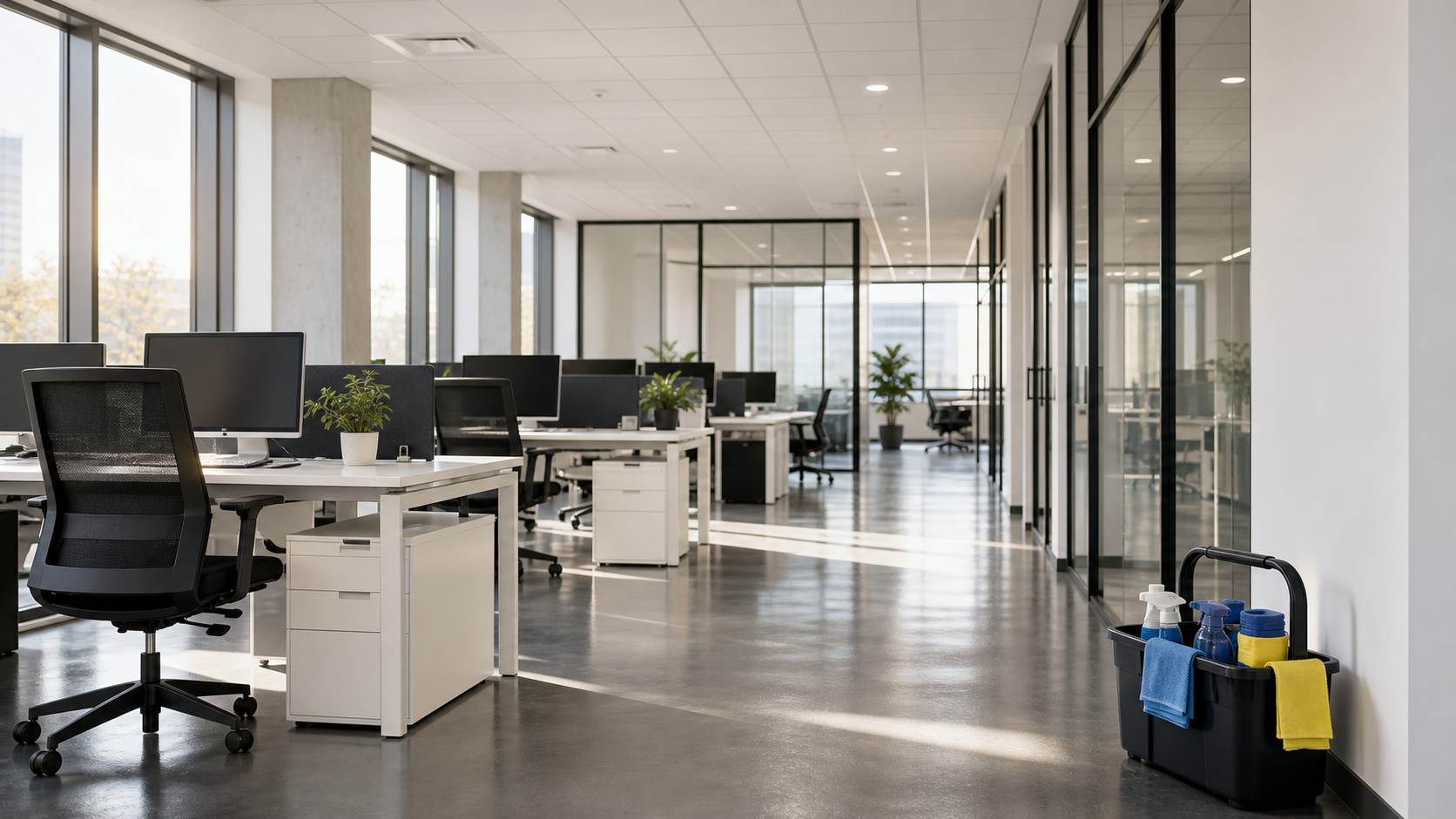 Open space professionnel propre avec matériel de nettoyage rangé sur le côté
