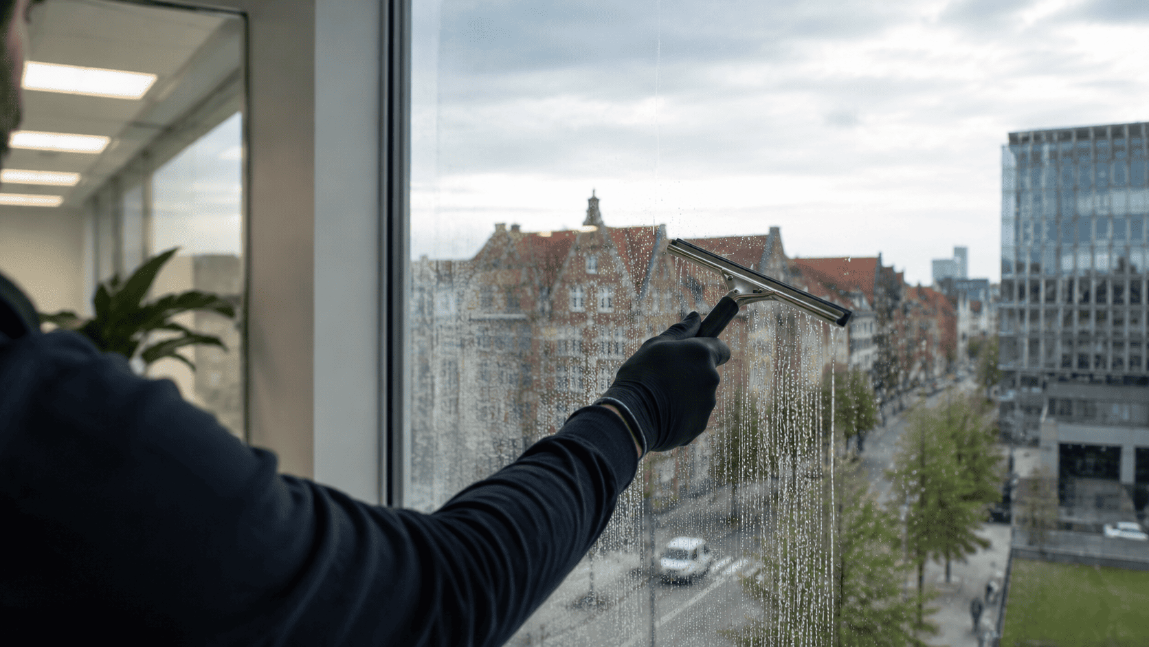 Laveur de vitres professionnel nettoyant une façade vitrée moderne